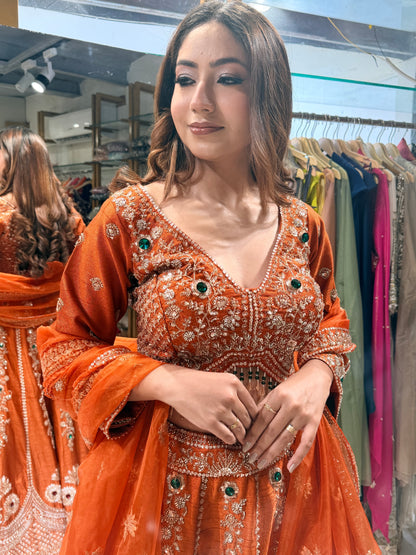 Jewel work raw silk lehenga set
