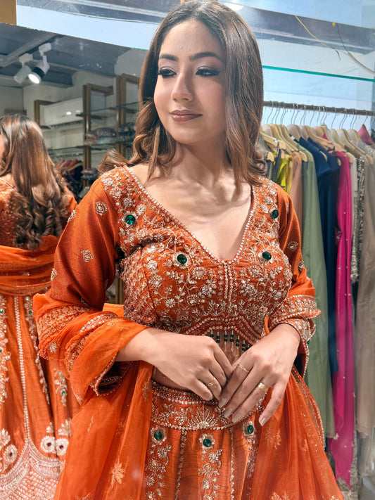 Jewel work raw silk lehenga set