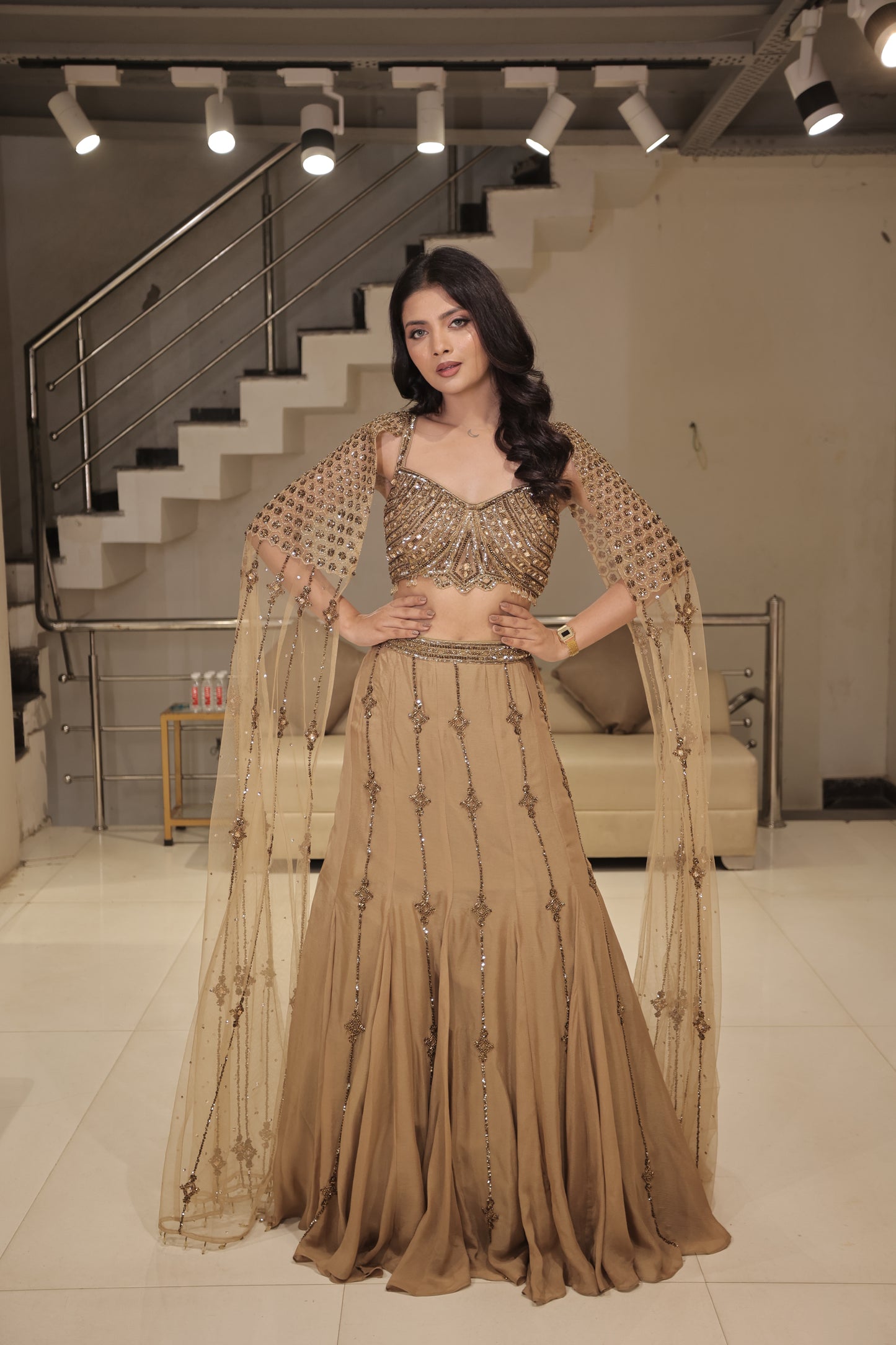 Champagne Gold Embellished Indo-Western Set with Cape Sleeves