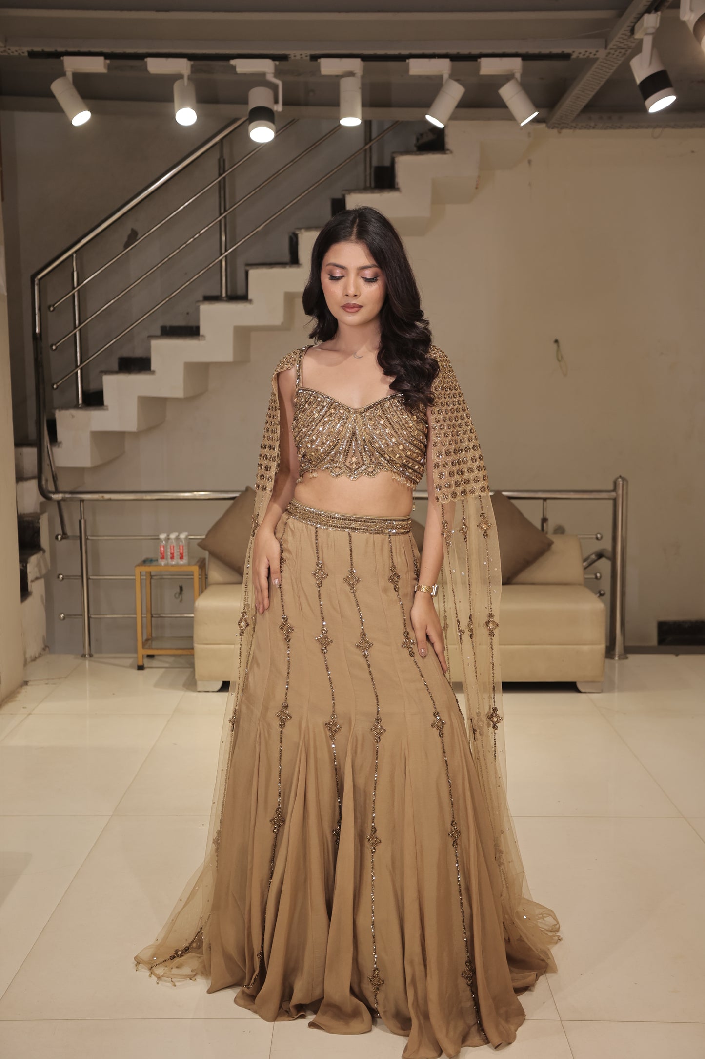 Champagne Gold Embellished Indo-Western Set with Cape Sleeves
