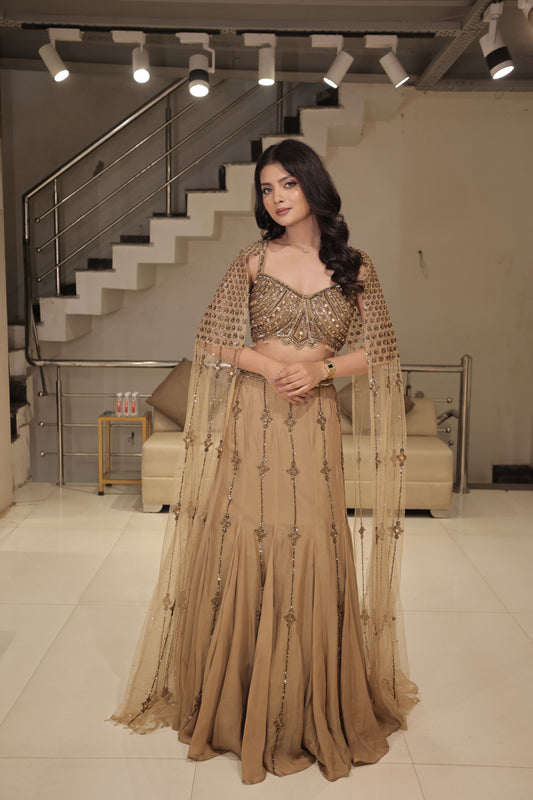 Champagne Gold Embellished Indo-Western Set with Cape Sleeves