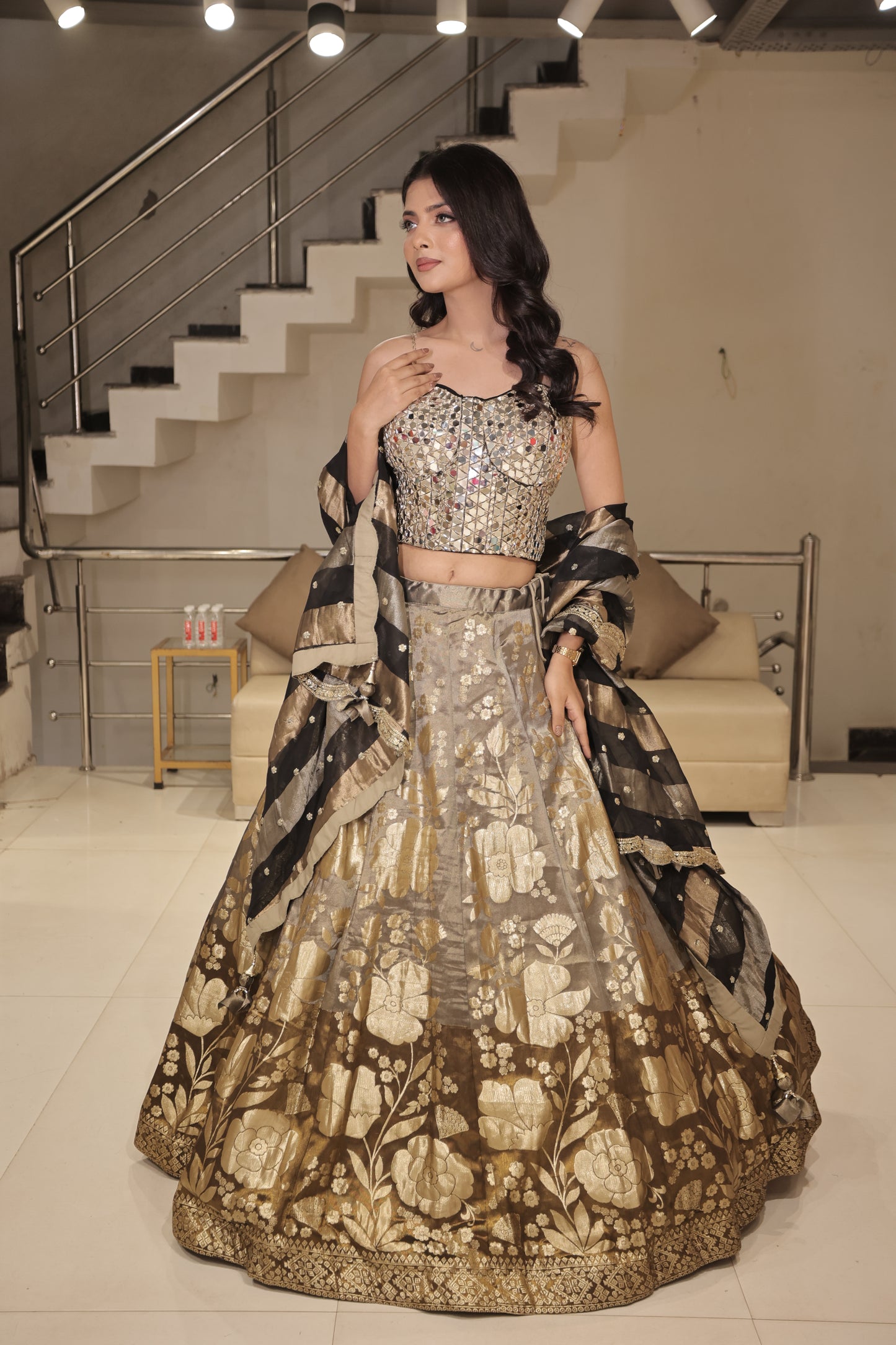 Black step mirror lehenga