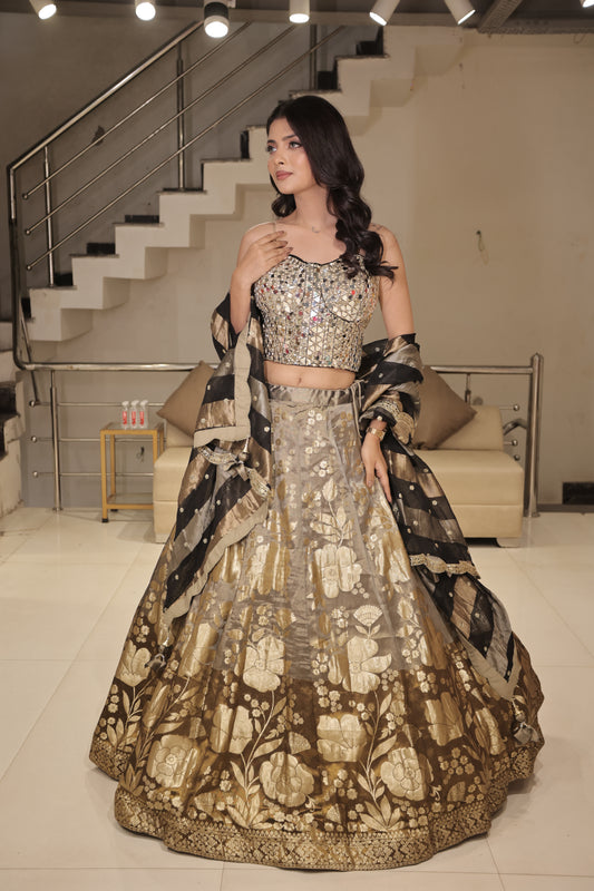 Black step mirror lehenga