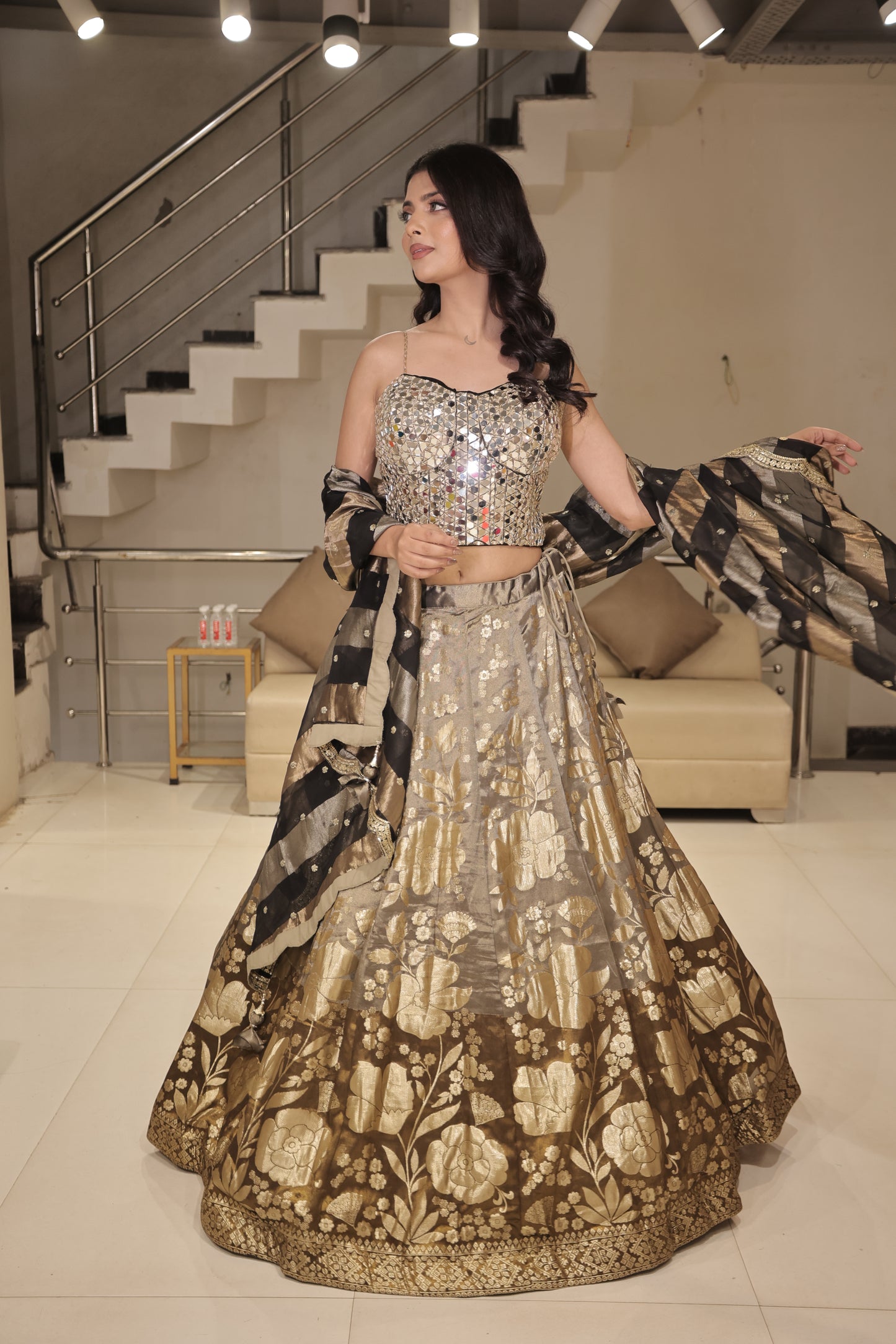 Black step mirror lehenga