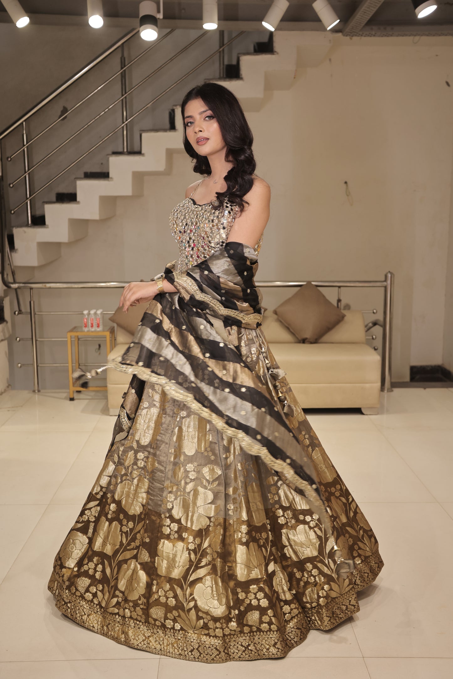 Black step mirror lehenga
