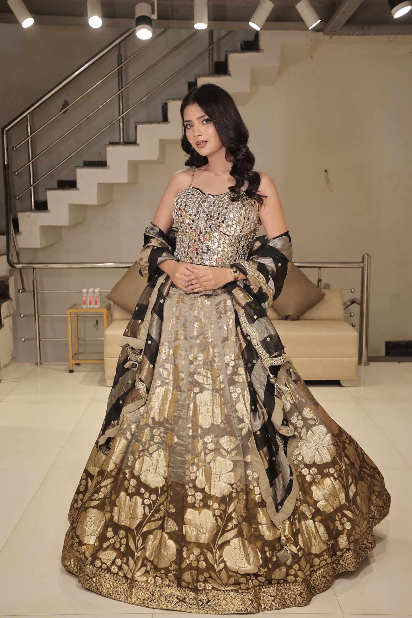Black step mirror lehenga