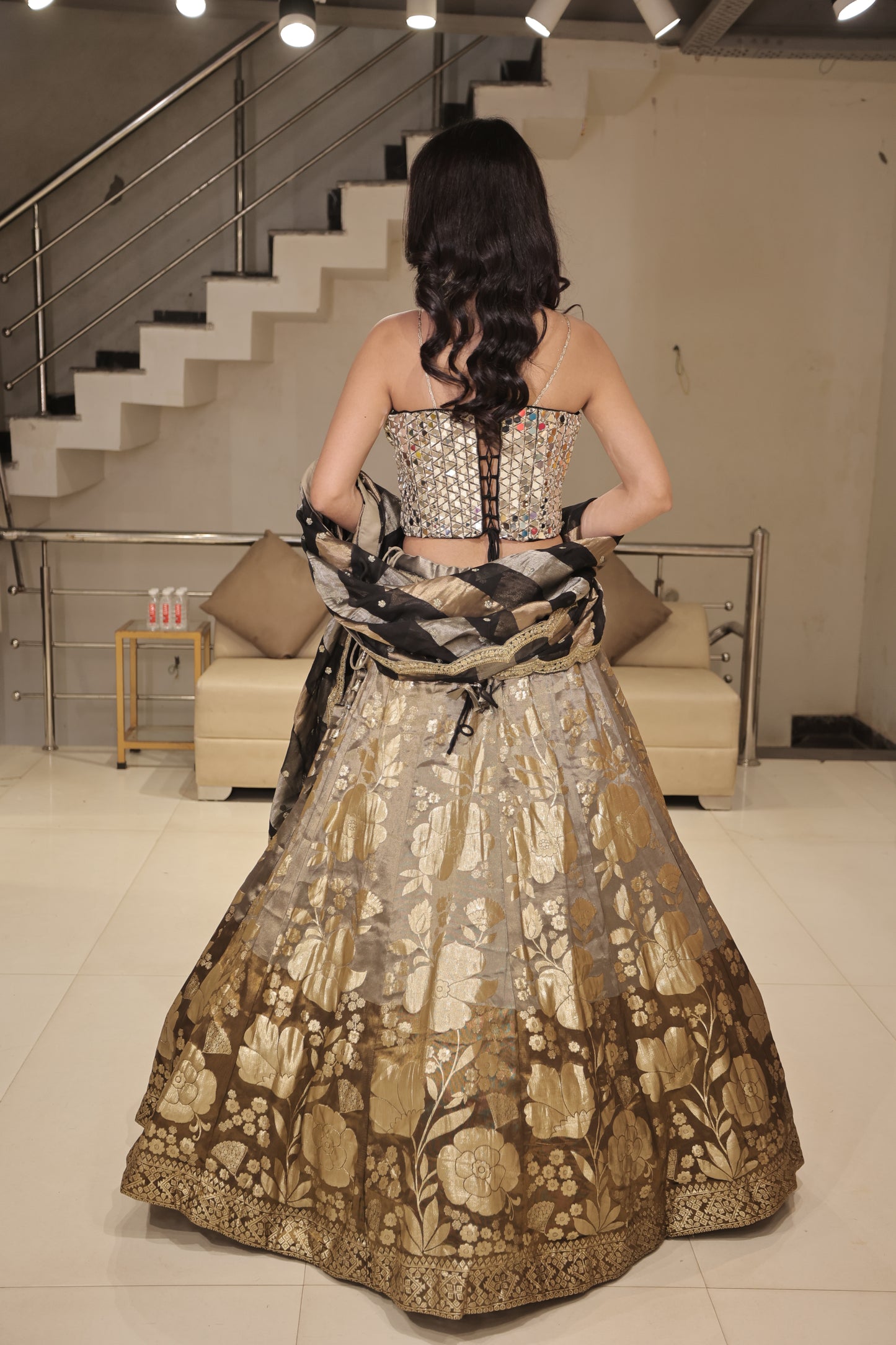 Black step mirror lehenga