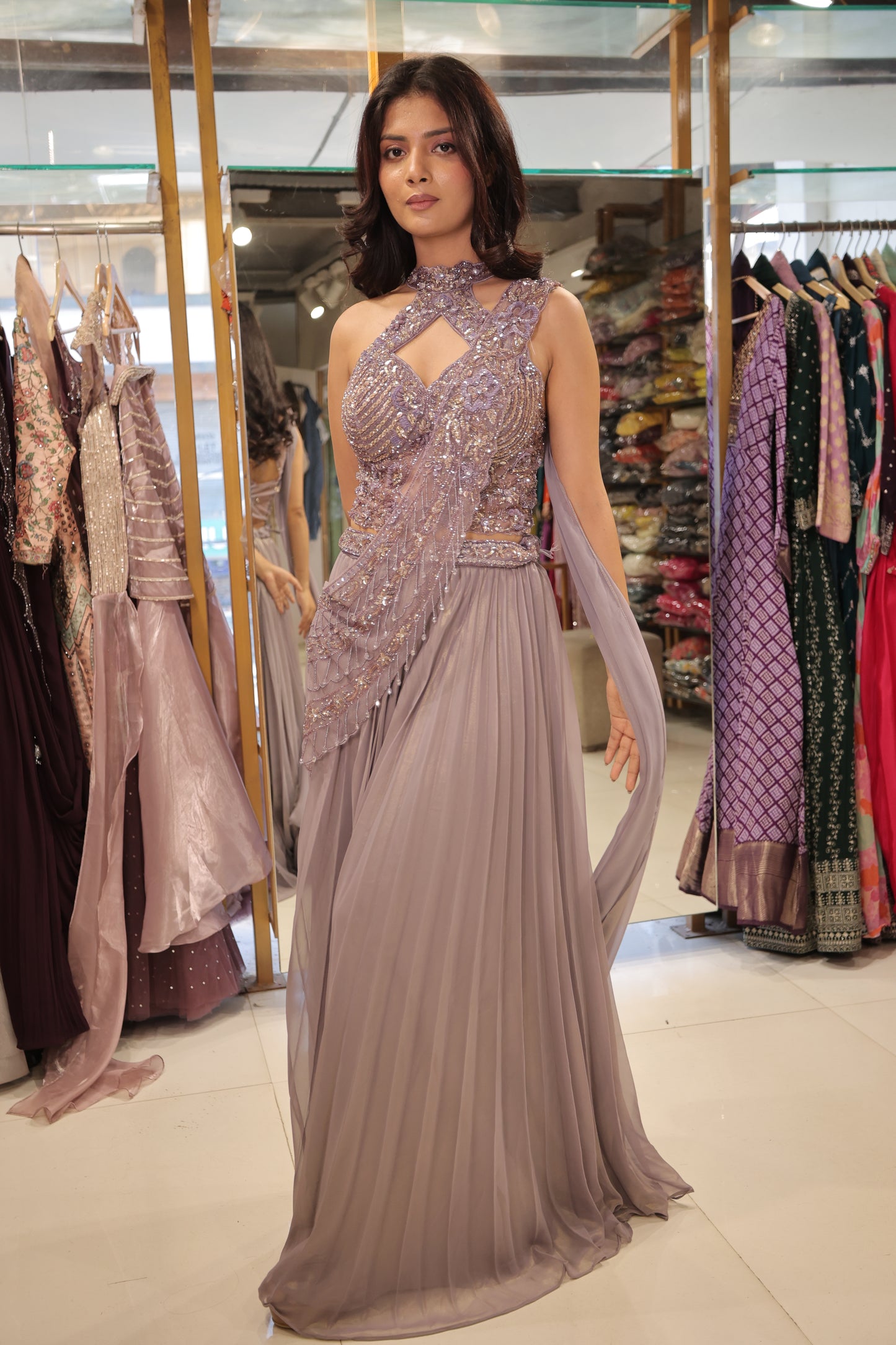 Nude purple halter neck drape sharara dress