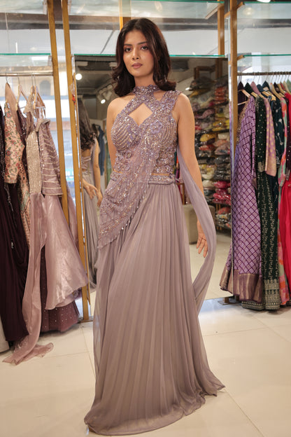 Nude purple halter neck drape sharara dress