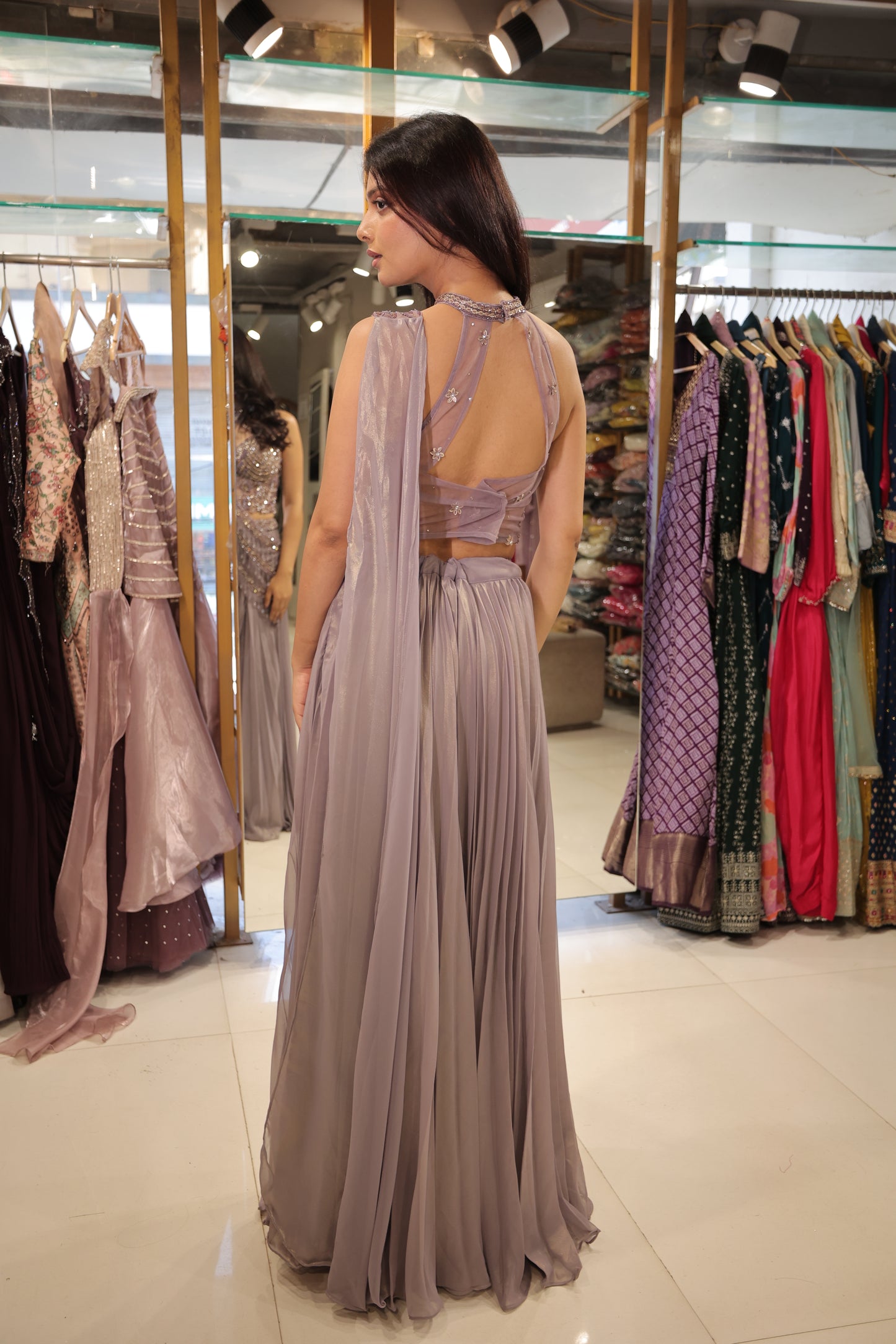 Nude purple halter neck drape sharara dress
