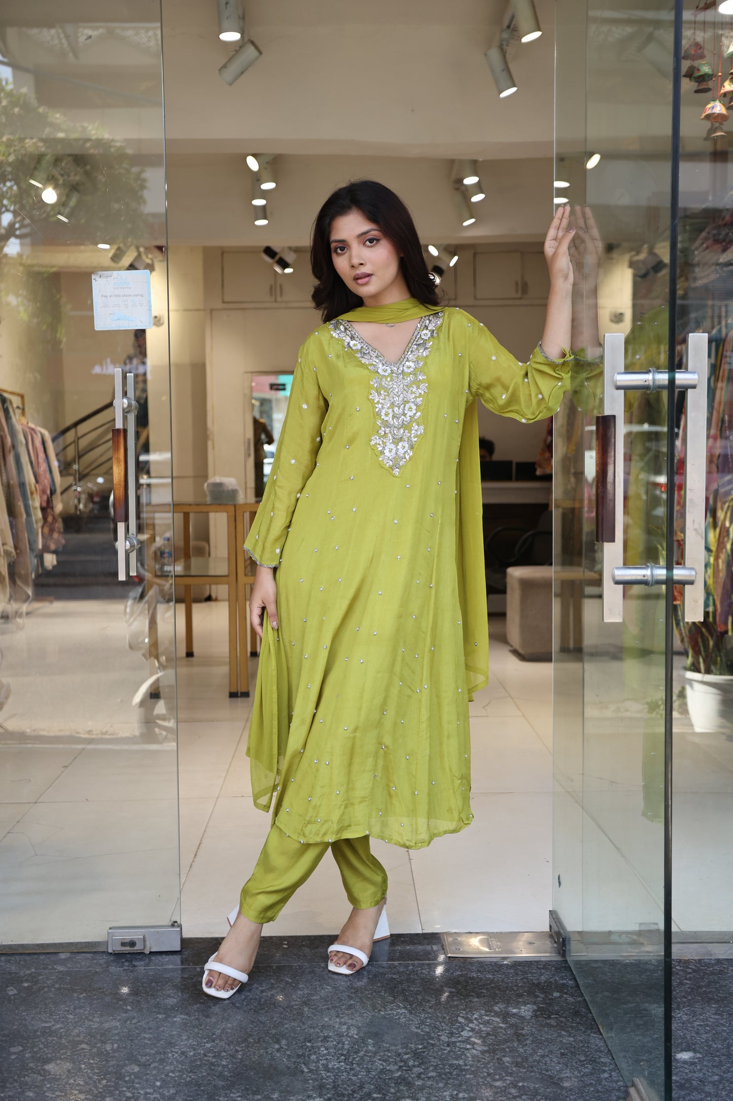 Lime green anarkali suit