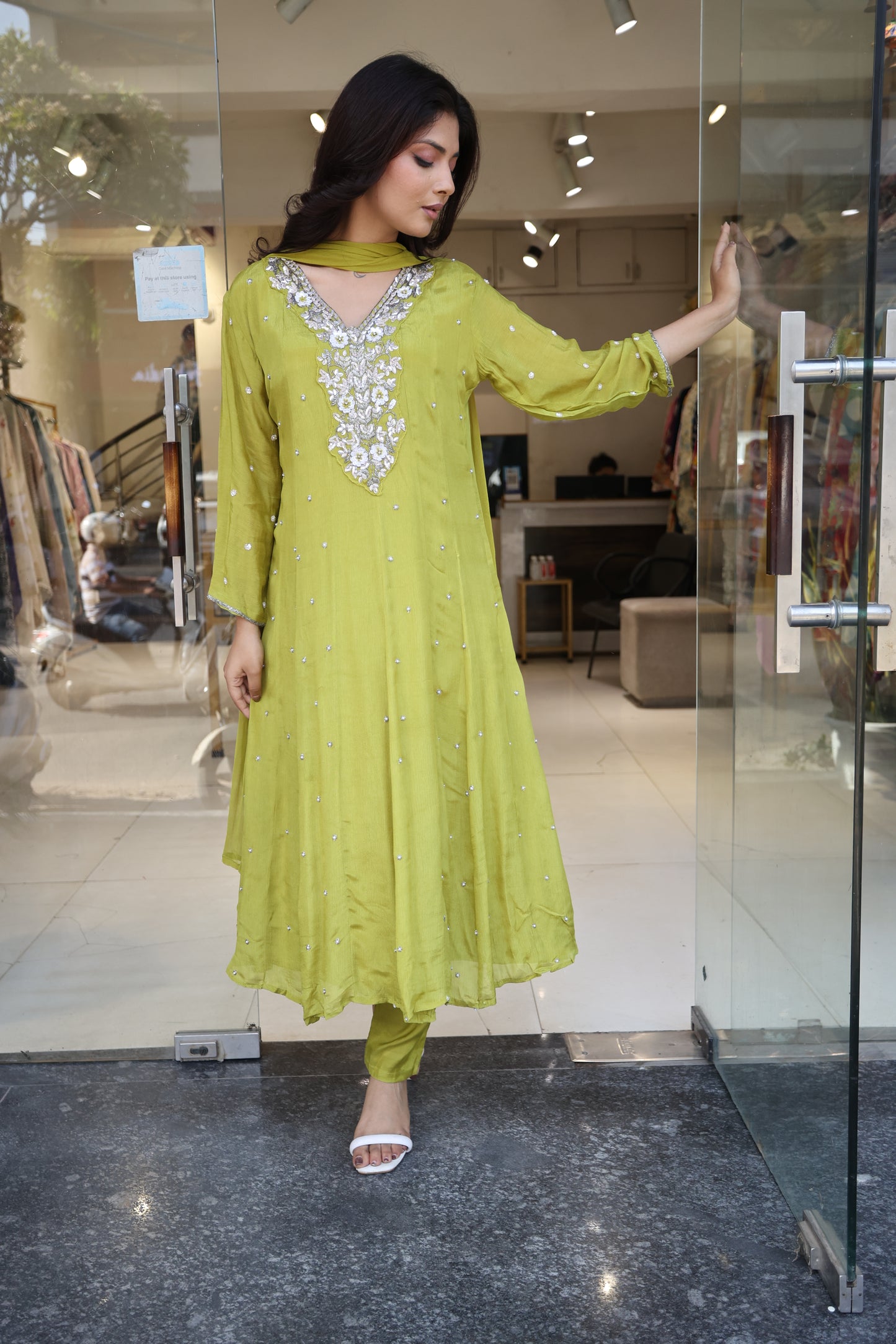 Lime green anarkali suit