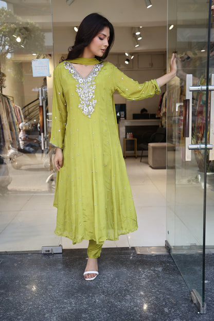 Lime green anarkali suit