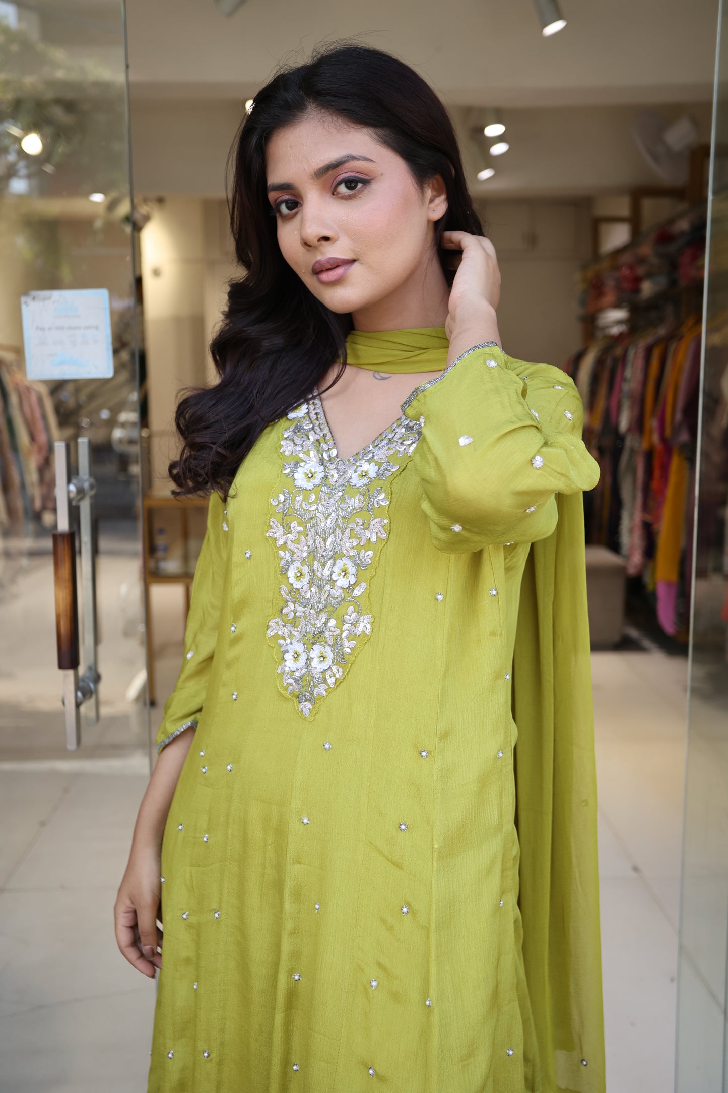 Lime green anarkali suit