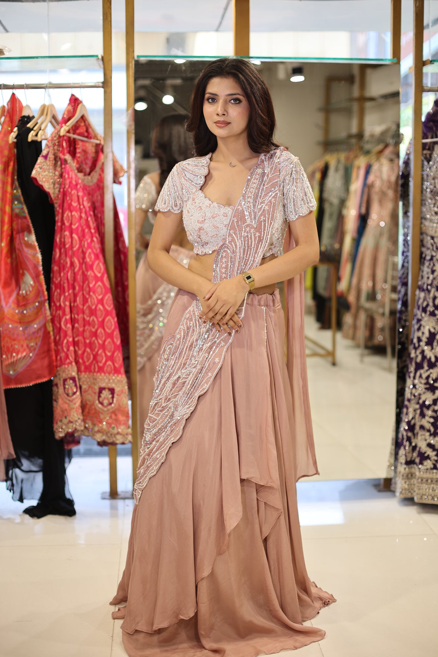 Nude pink leafy drape lehenga set