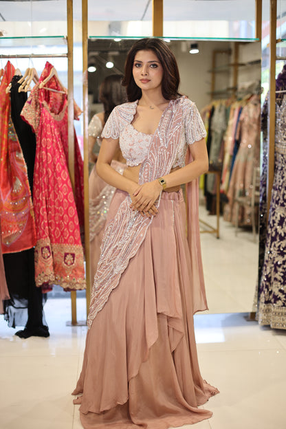 Nude pink leafy drape lehenga set