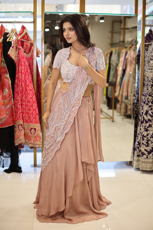 Nude pink leafy drape lehenga set