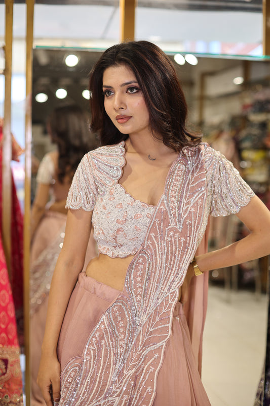 Nude pink leafy drape lehenga set