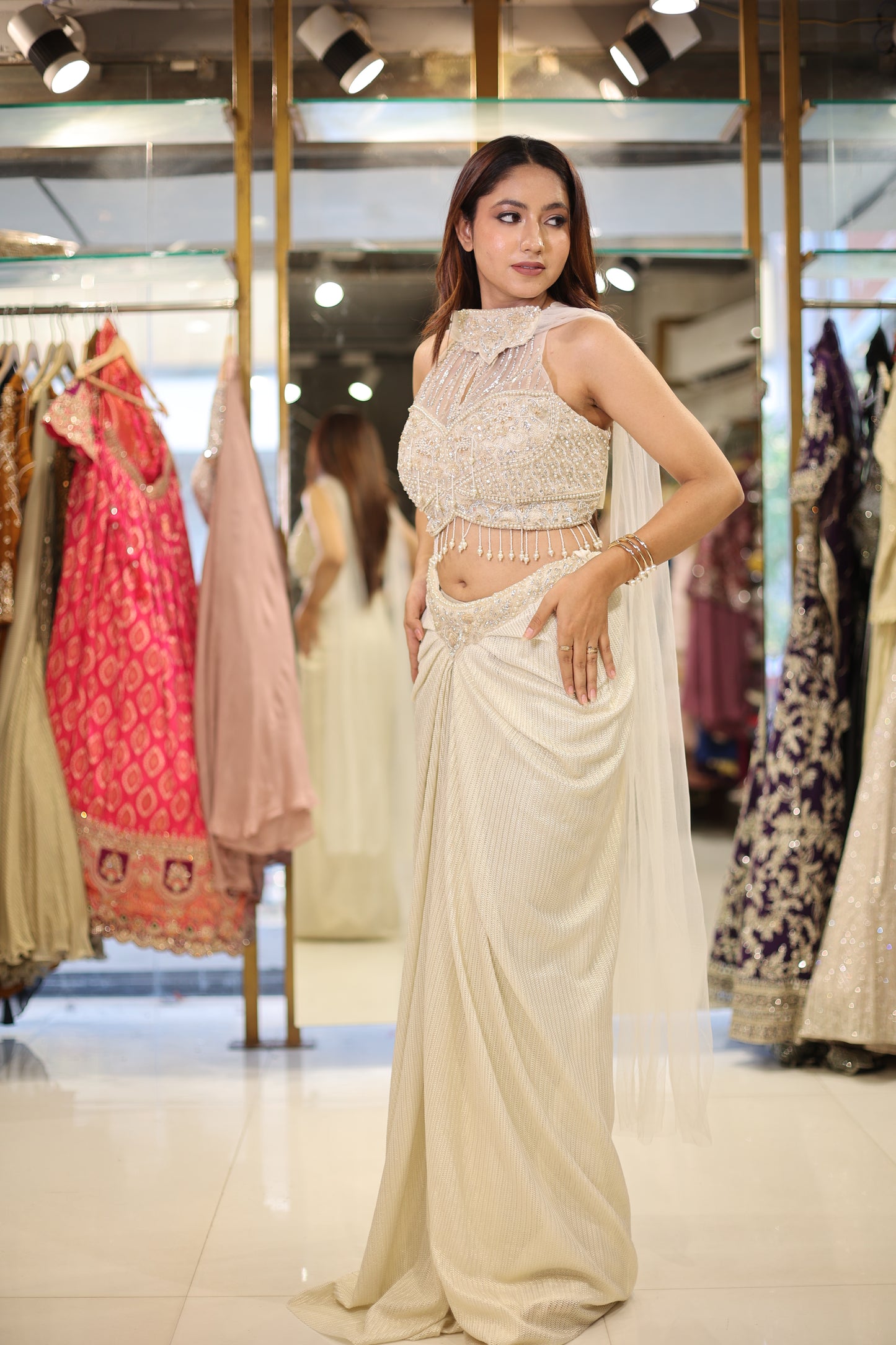 Mermaid cowl indowestern pearl dress