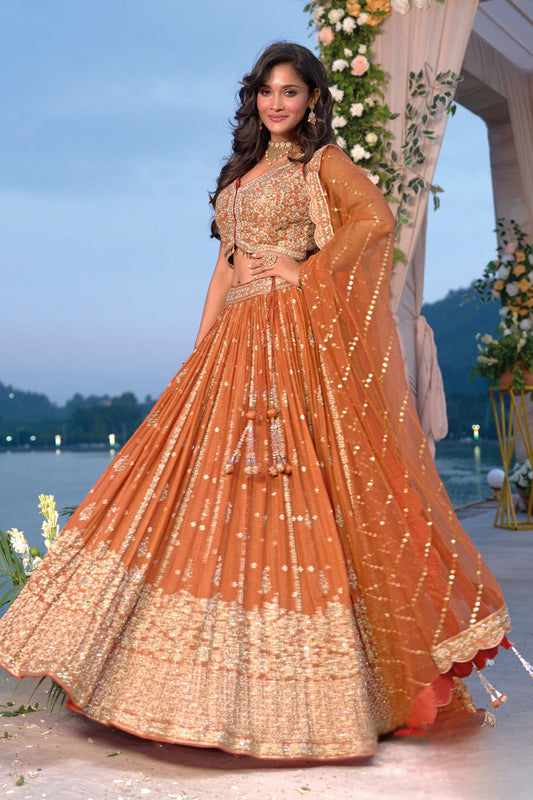 Rust orange Embroided aariwork lehenga set