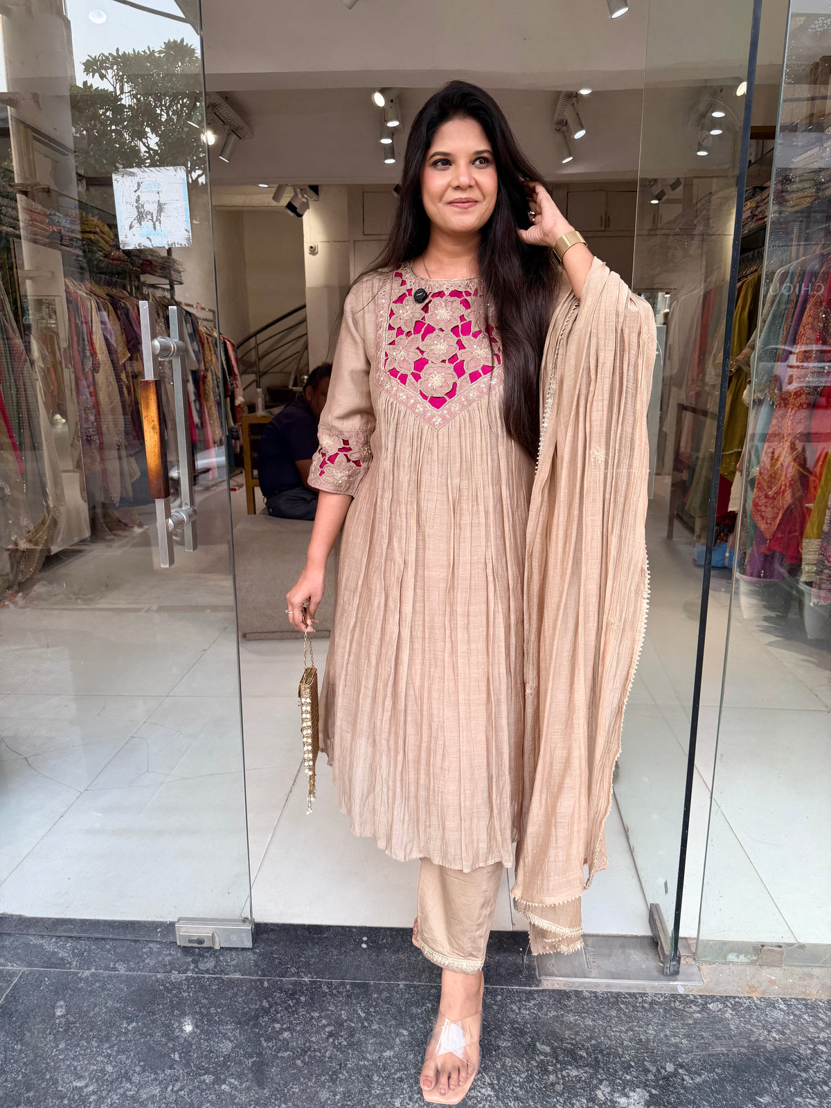 Mull chanderi eplique cut A line suit
