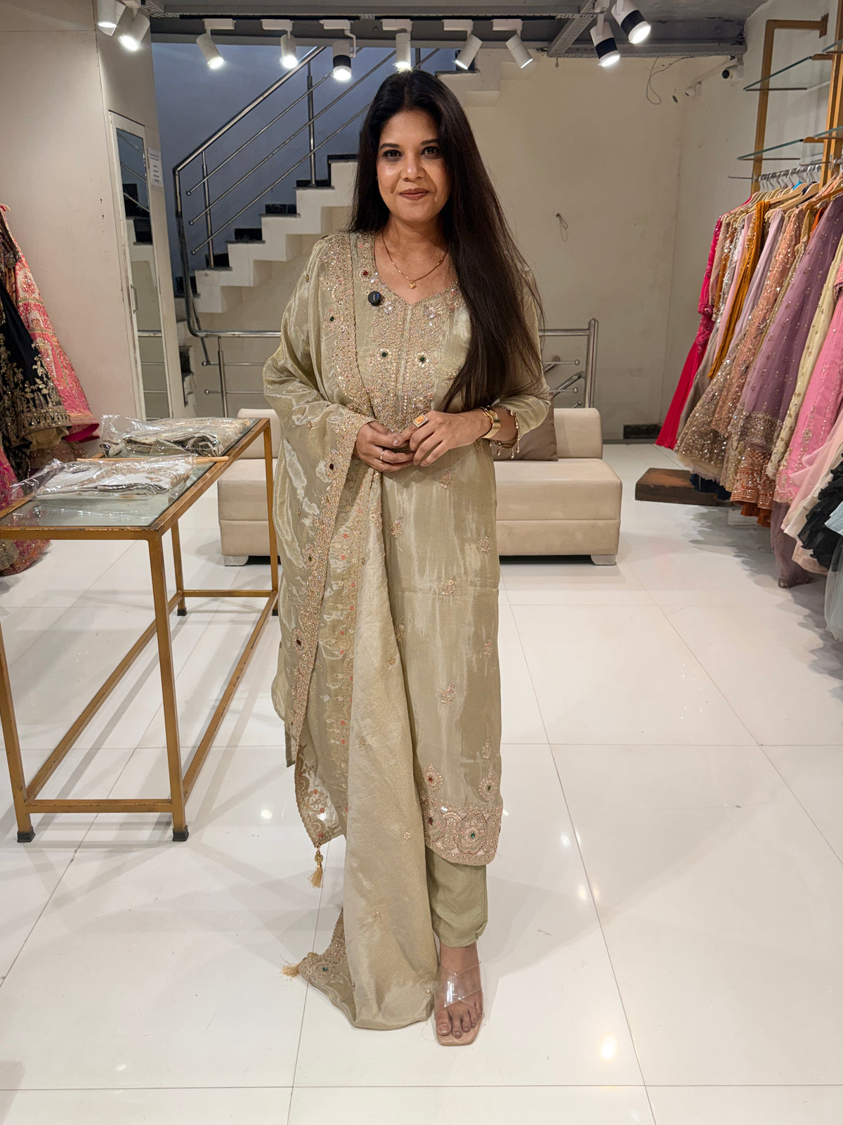 Noor jewel work shimmer tissue straight cut suit