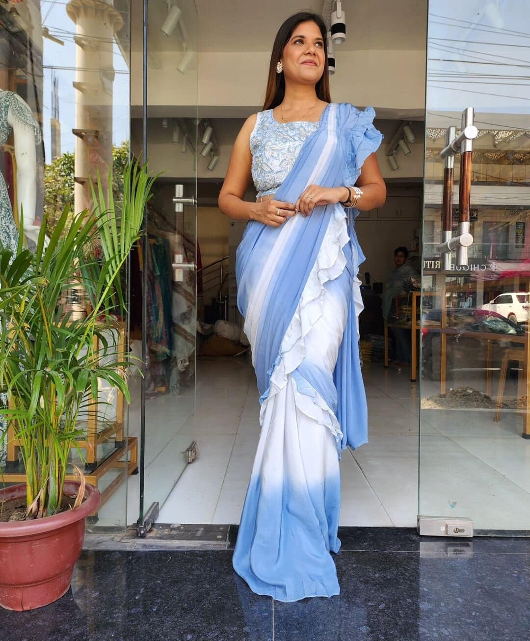 Afinsa sky blue shaded drape saree