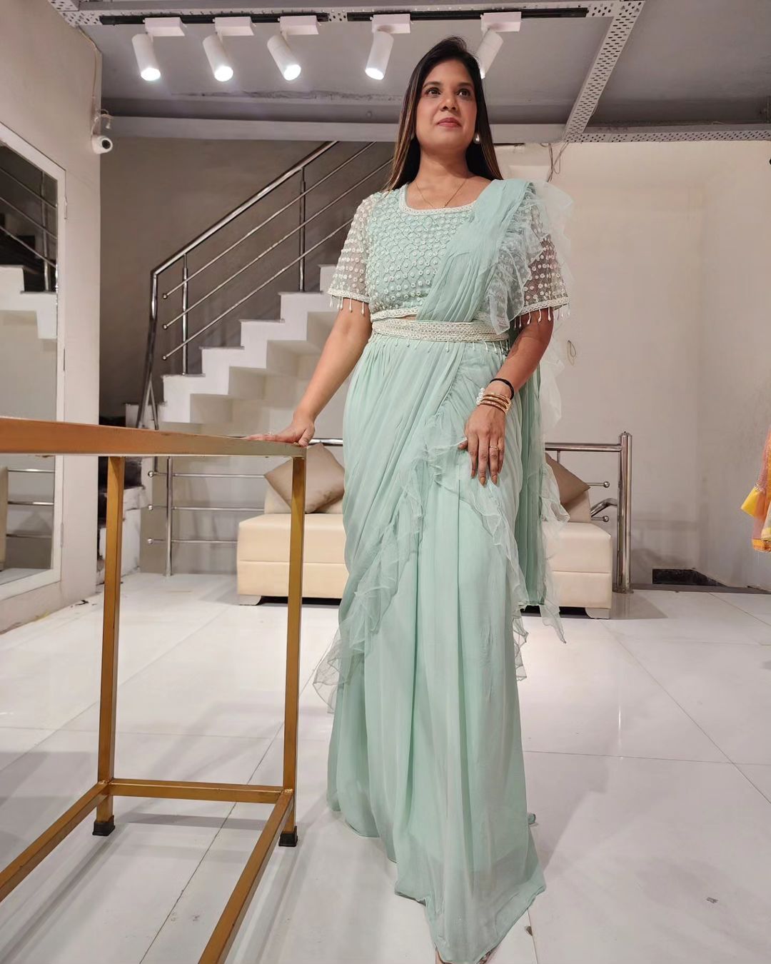 SONAKSHI MINT GREEN DRAPE SAREE