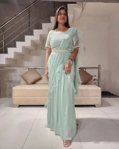 SONAKSHI MINT GREEN DRAPE SAREE