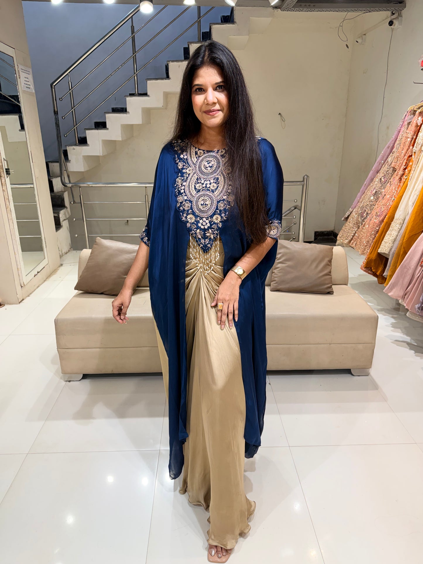Blue cape indowestern satin silk dress