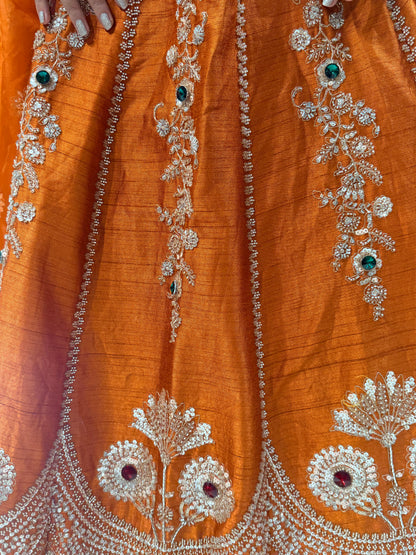 Jewel work raw silk lehenga set
