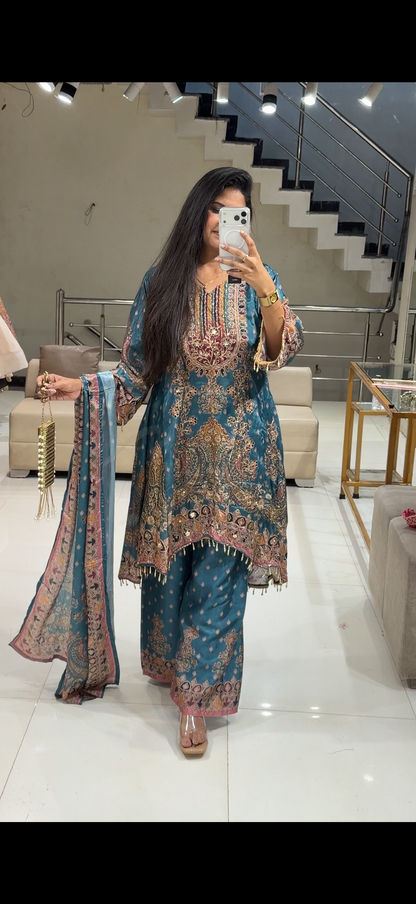 High n low digital print italian crepe suit