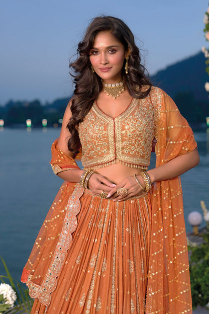 Rust orange Embroided aariwork lehenga set