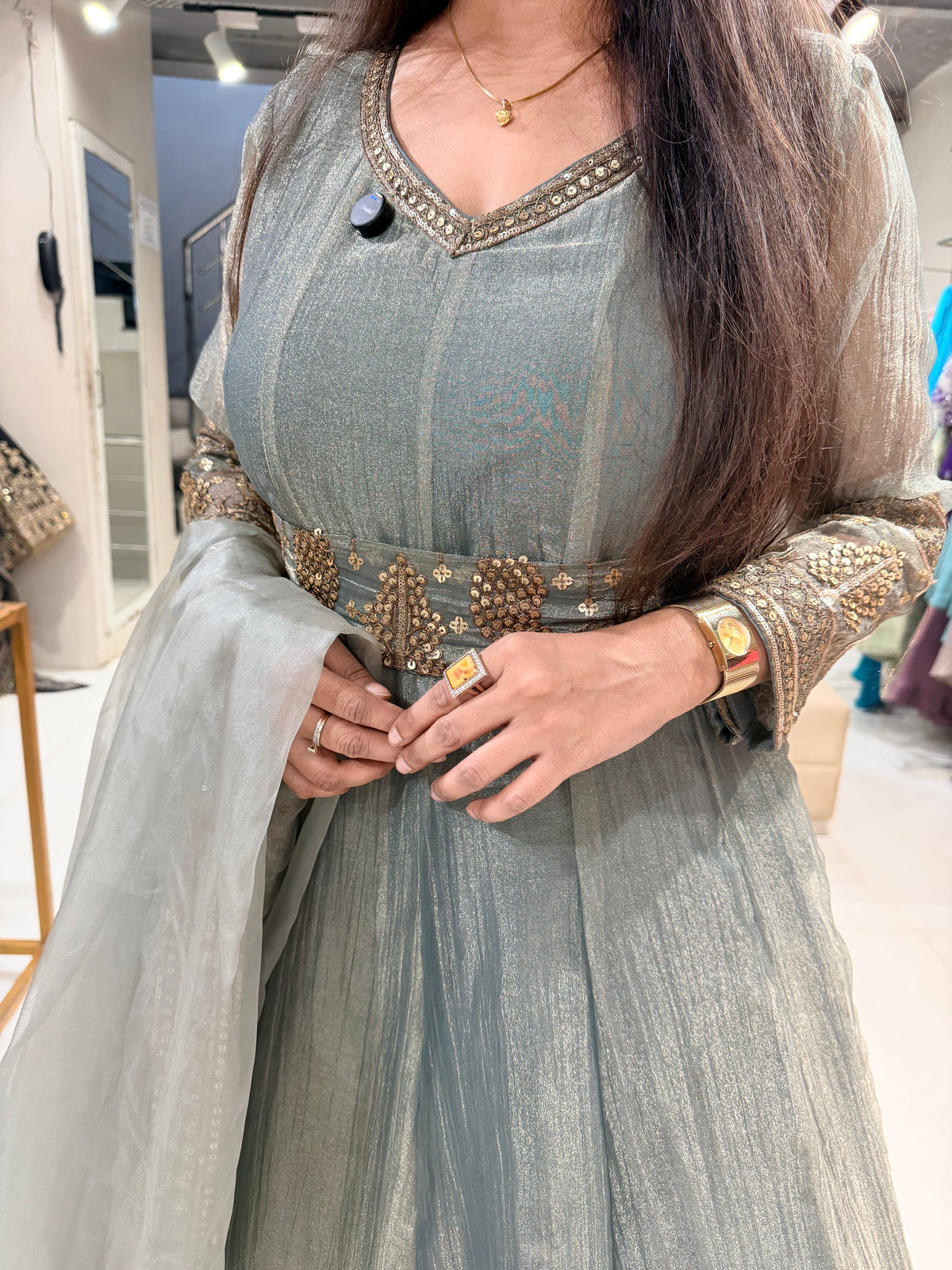 Crush tissue belt anarkali suit