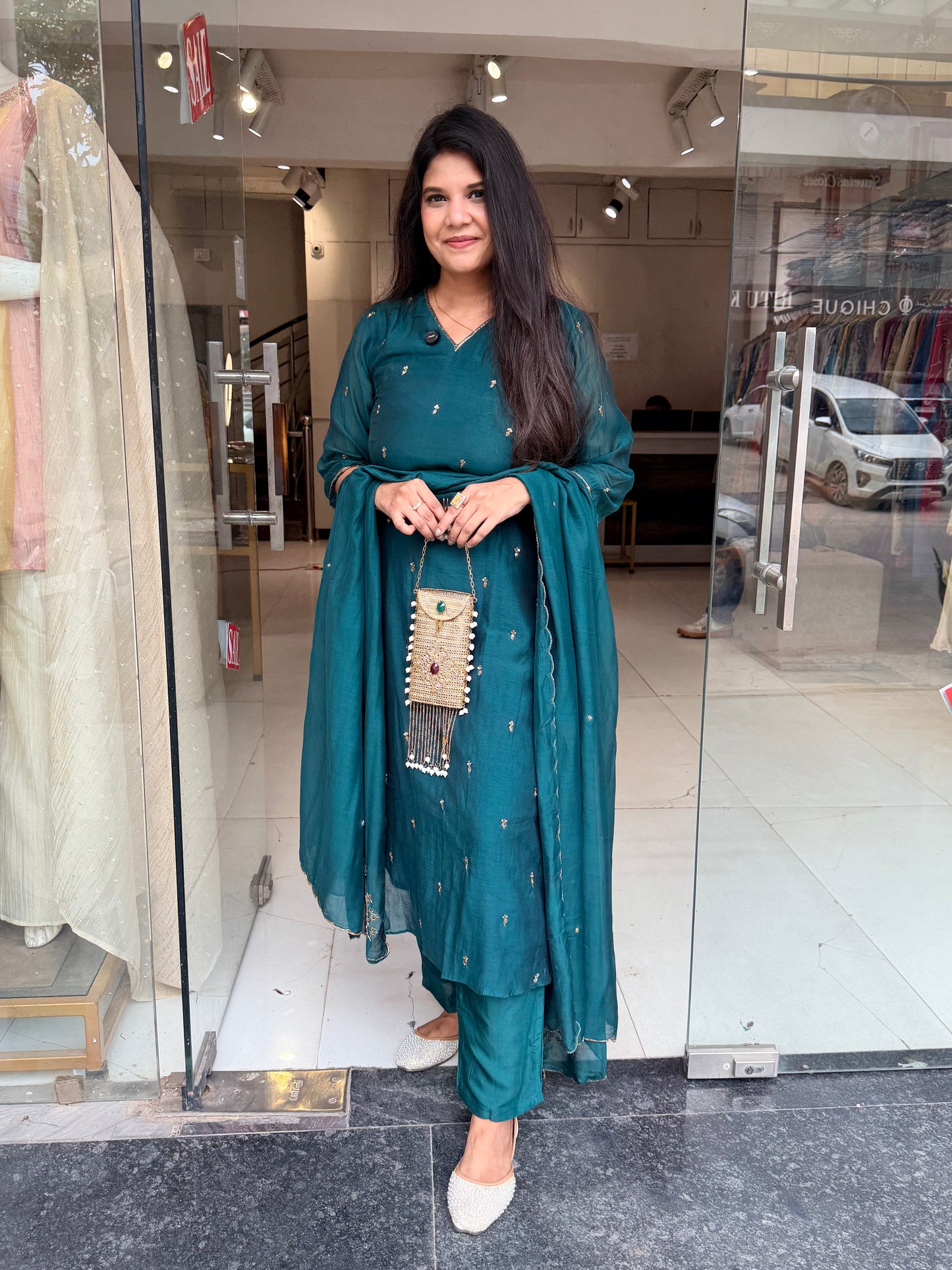 Mull chanderi a line suit
