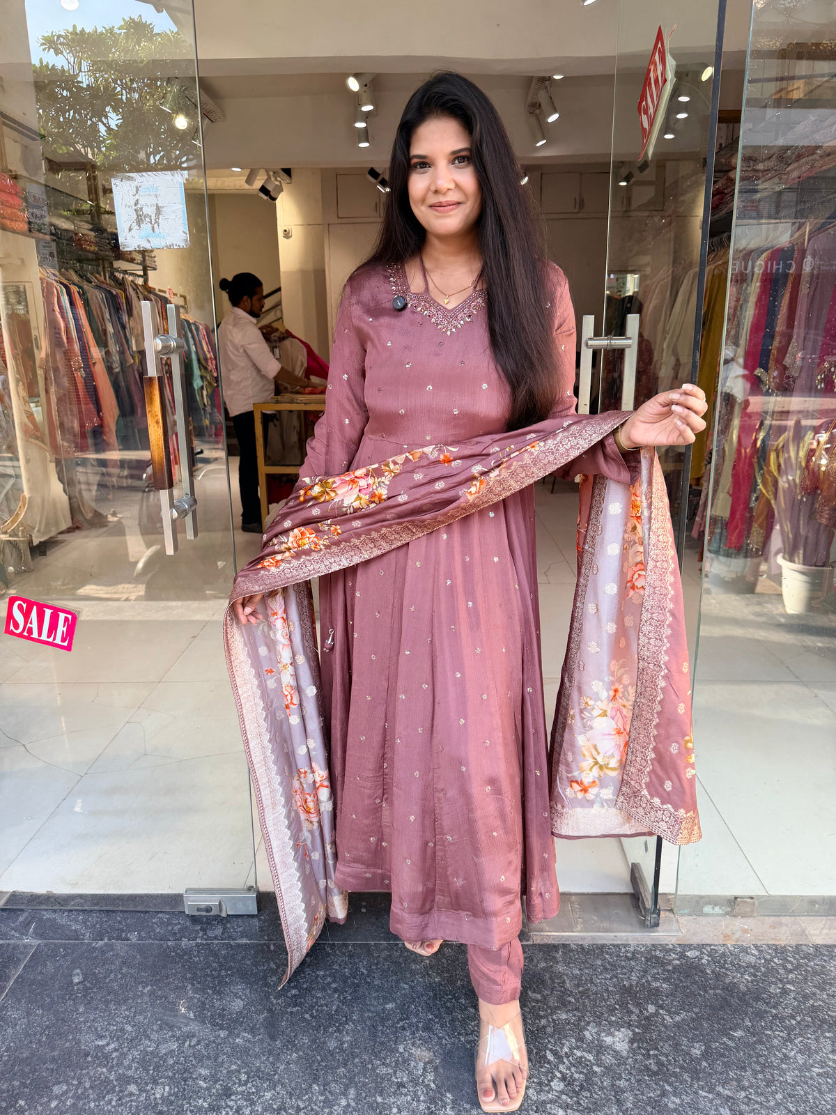 Chinon anarkali with banarasi dupatta