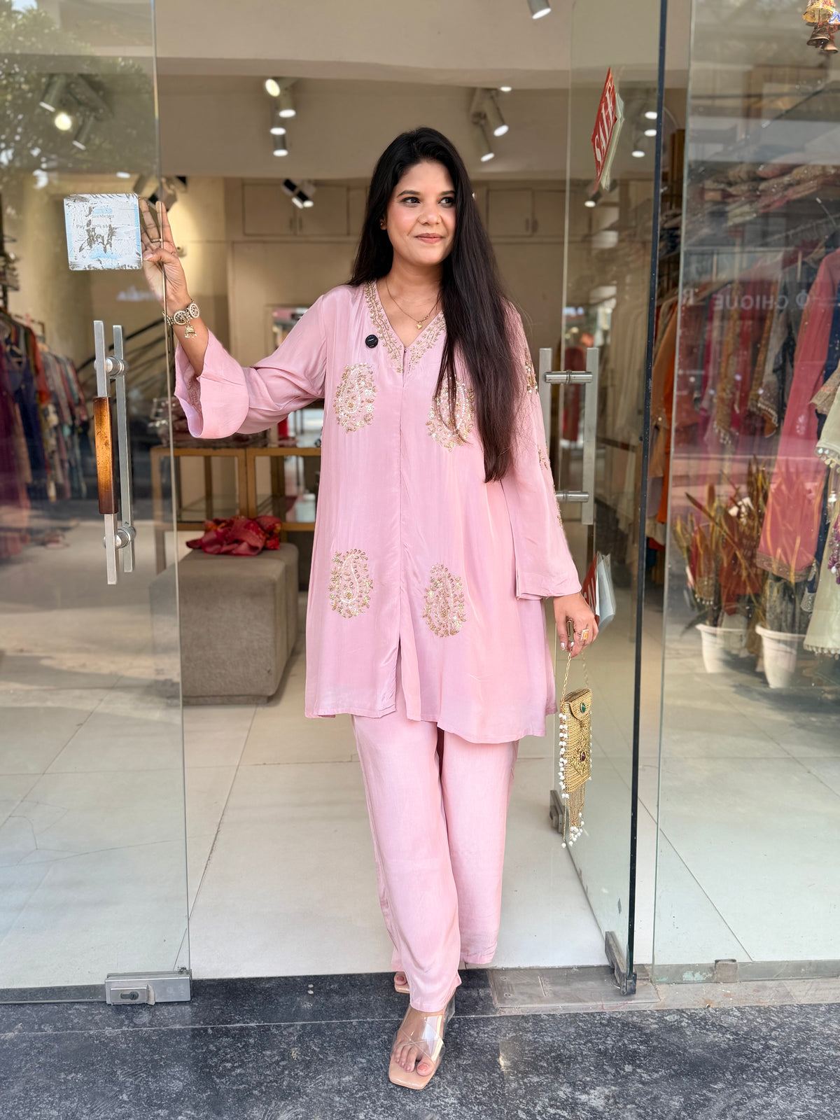 Baggy nude pink crepe embellished co-ord set