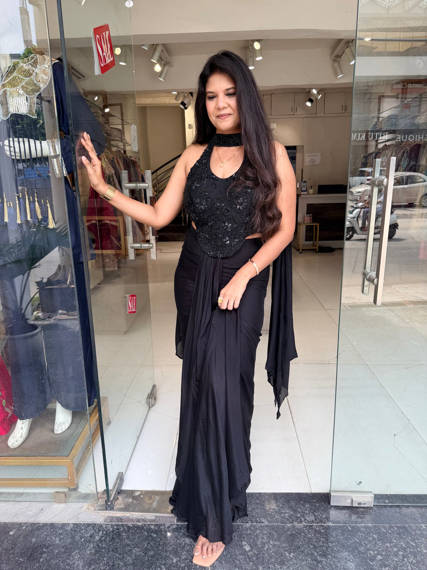 Halter neck black indowestern dress