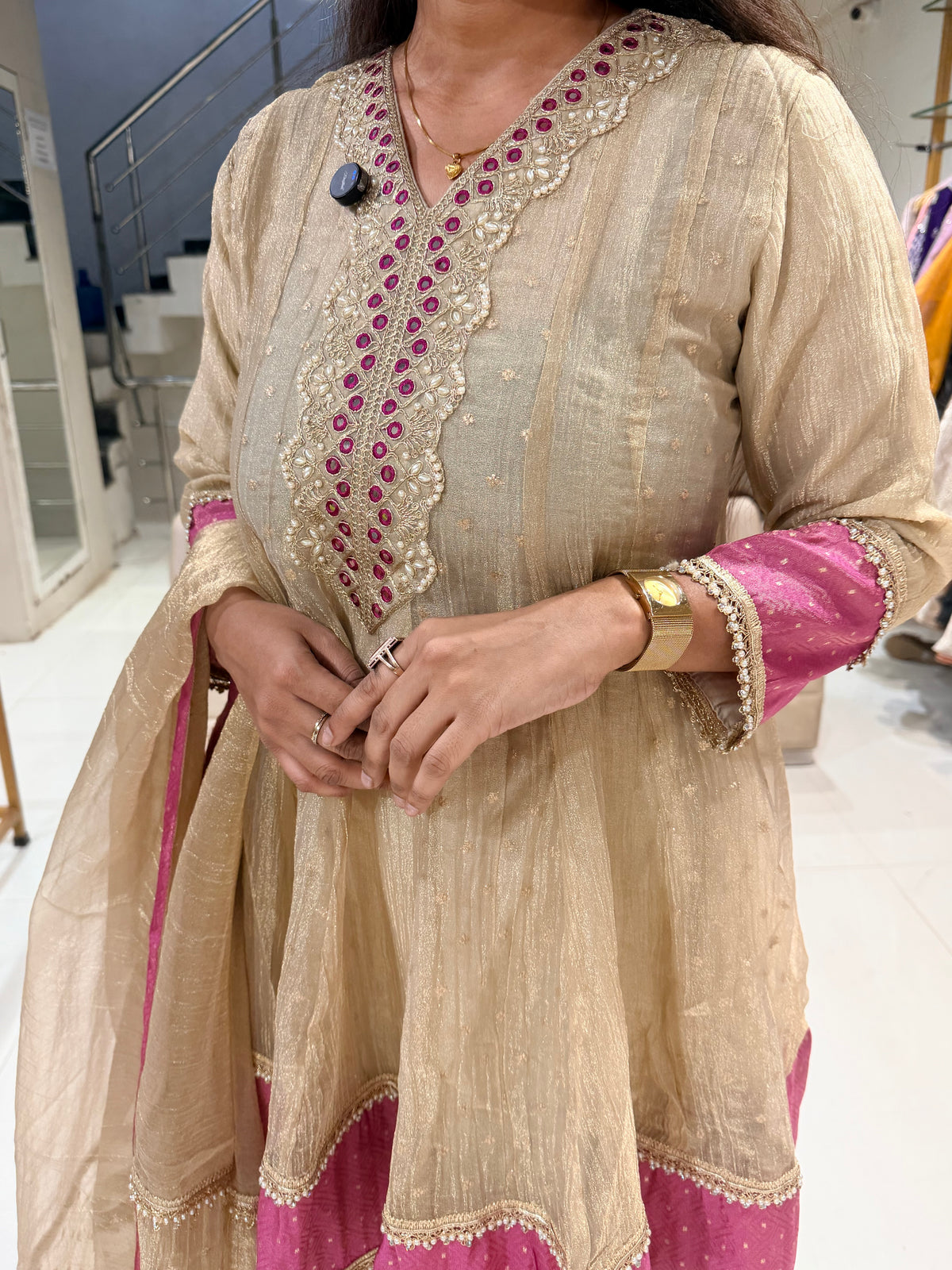 Short anarkali colour blocking suit