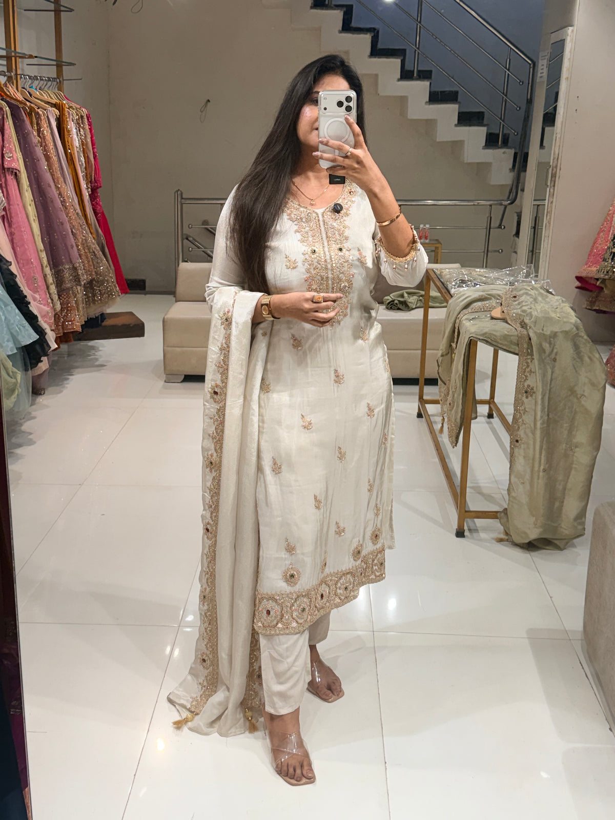 Noor jewel work shimmer tissue straight cut suit