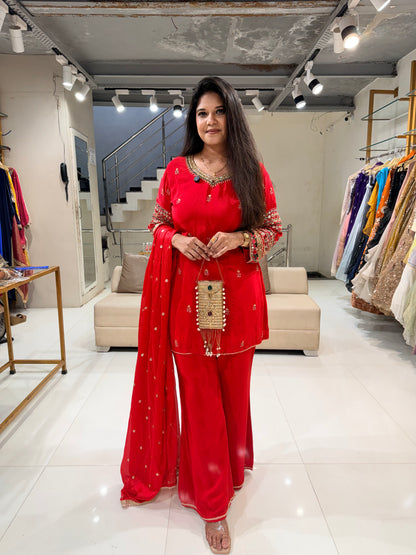 Red sleeves jewel work suit