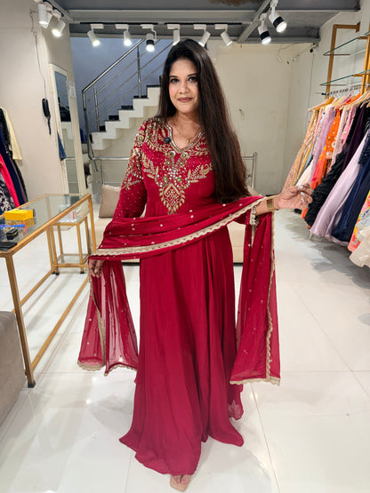 Shoulder work chinon maxi gown suit