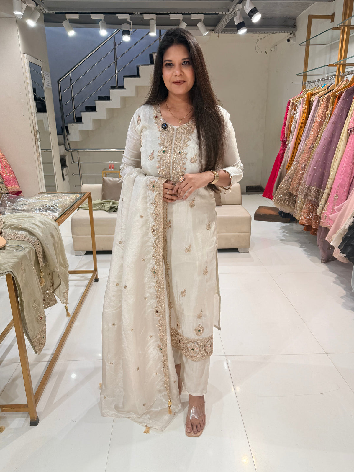 Noor jewel work shimmer tissue straight cut suit
