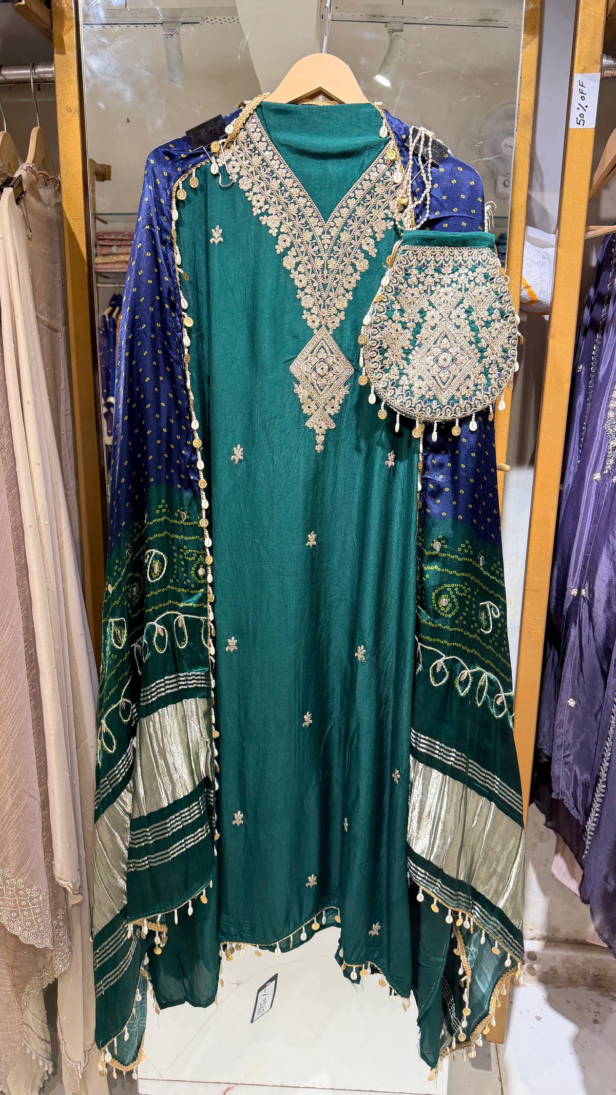 Gajji unstitched suit with potli bag