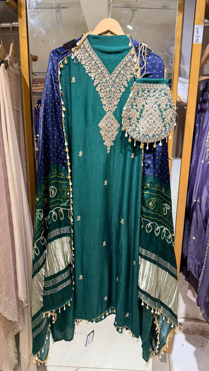 Gajji unstitched suit with potli bag