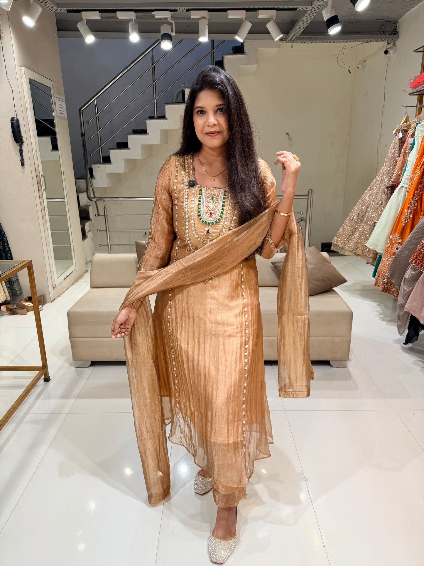 Jewel work glass tissue a line suit