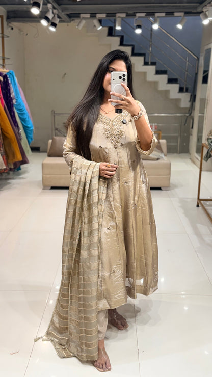 Shimmer tissue mirror work anarkali suit