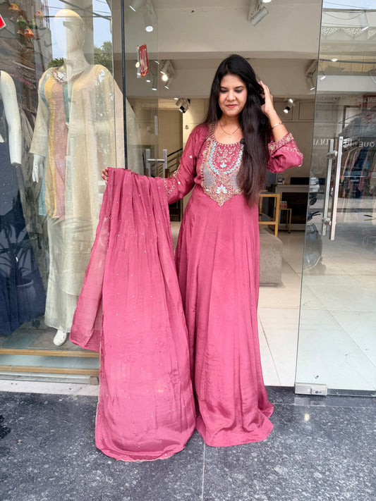 Chinon handwork embroided anarkali set