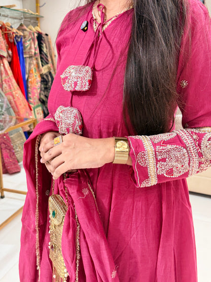 Banarasi Mull chanderi elephant work anarkali suit
