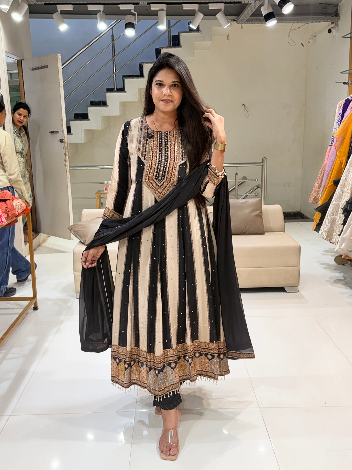 Black striped crepe anarkali suit